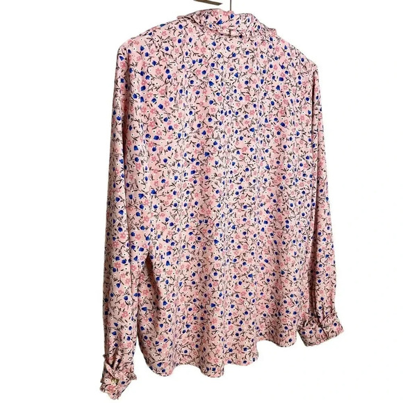 ZARA Pink Blue Floral Button Front Long Sleeve Ruffle Detail Blouse  Sz. XL - Picture 10 of 13